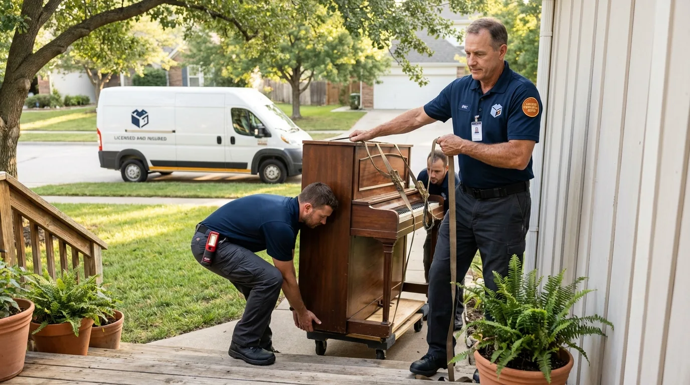 Licensed piano movers securing grand piano in Sweetwater, TN