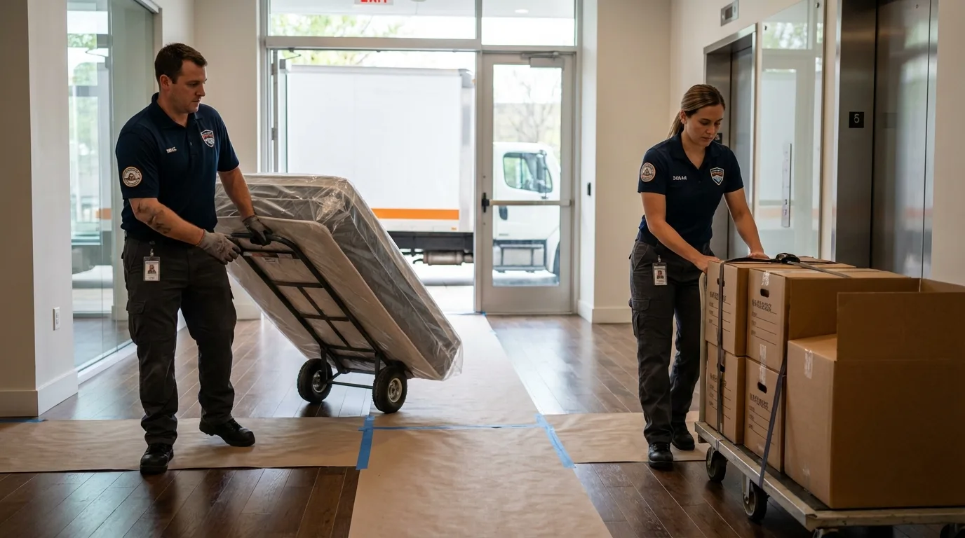 Professional apartment movers loading elevator in Sweetwater, TN