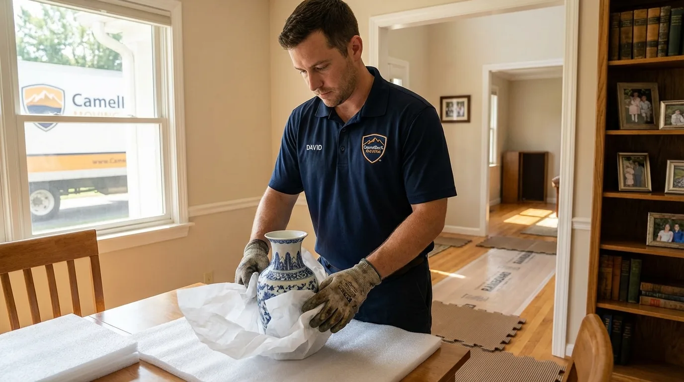 Professional crew carefully wrapping antique vase for senior downsizing move in Sweetwater, TN